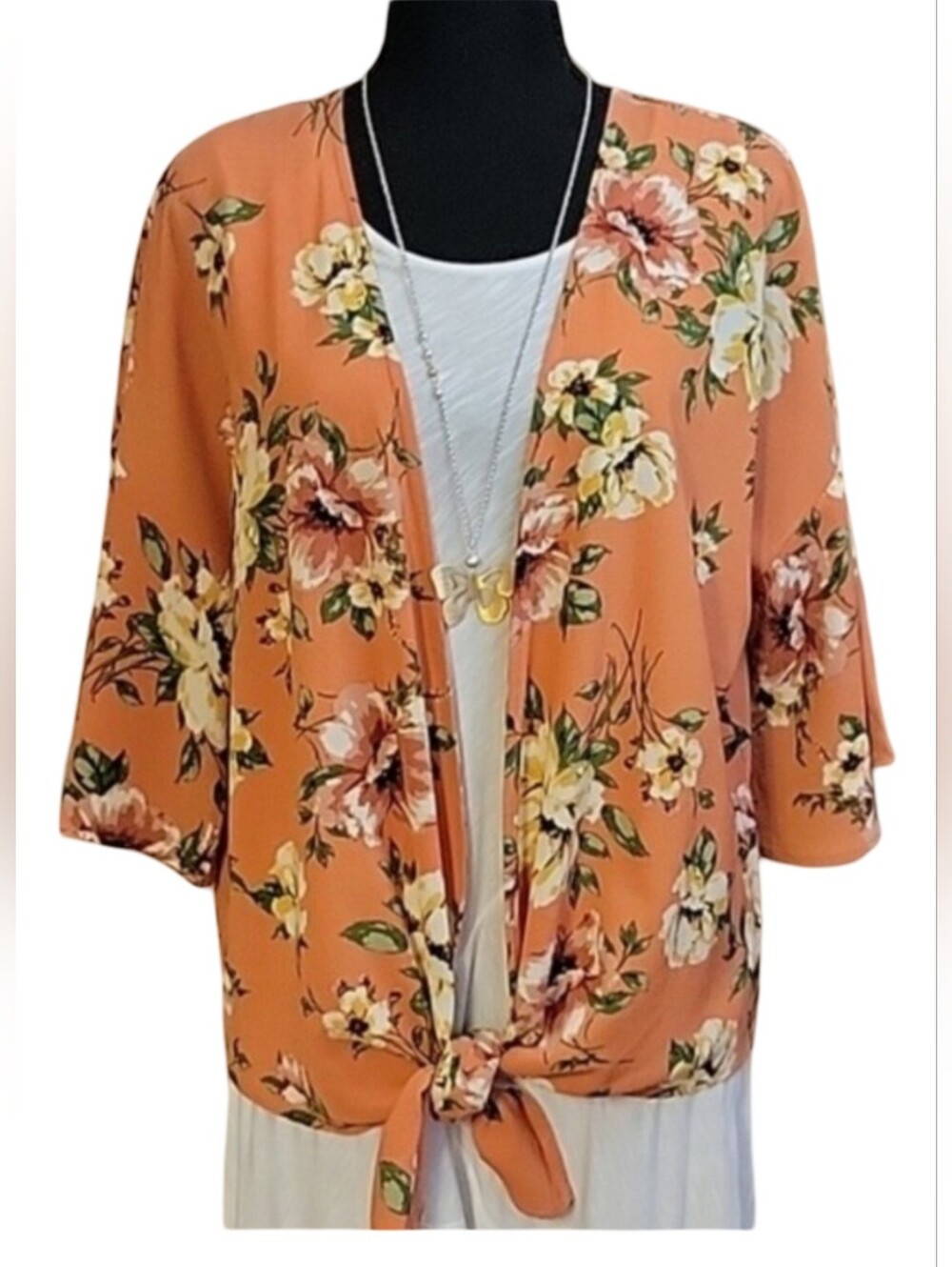 C. Wonder Orange Floral Print Tie Front 3/4 Sleeve Blouse Top Size S.
